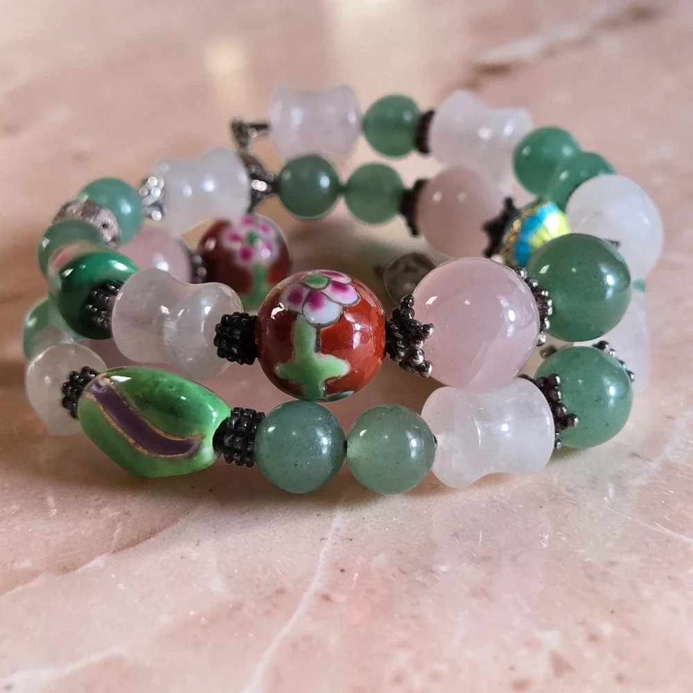 Sterling Silver Filigree Cloisonne Bracelet Rose Quartz Beaded Wrap Artisian